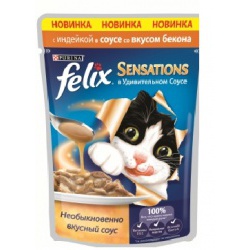 Корм Felix Sensations кусочки в соусе для кошек индейка с беконом